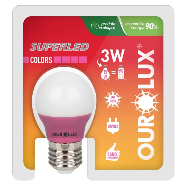 LAMPADA SUPERLED OUROLUX 3W BI COR ROSA